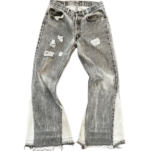 Reconstructed Grey Distressed Flare Jeans